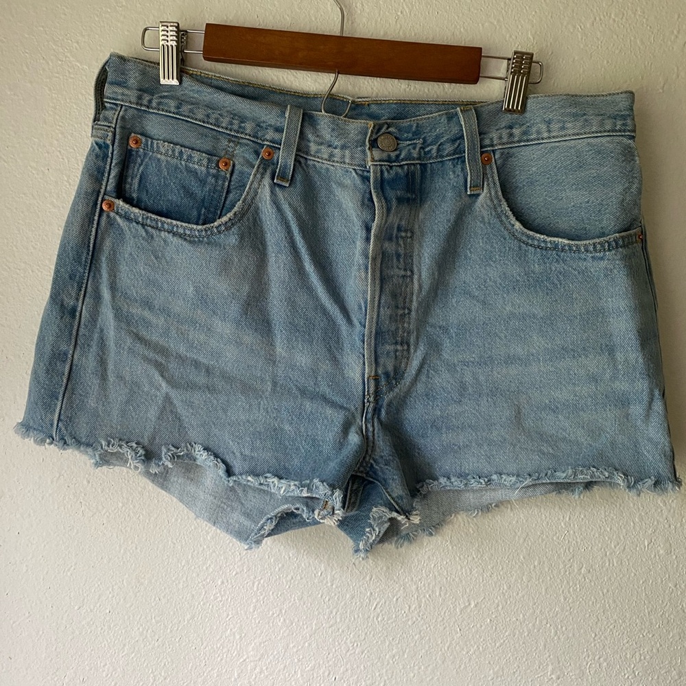 Levi's 501 Button Up Light Blue Frayed Jean Shorts